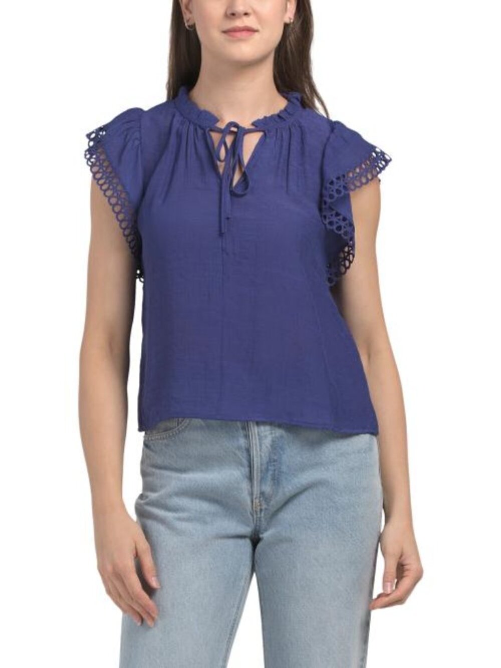 STELLA & GINGER Petite Lace Trim Tie Neck Top
